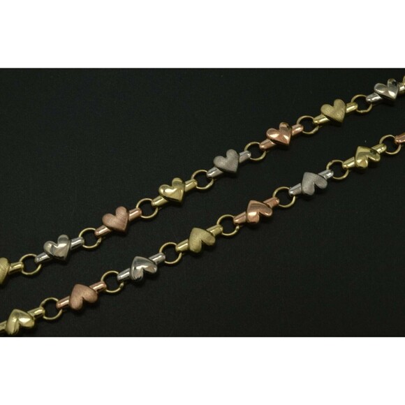 Real 10K Gold Tri Color 5.3mm Puffed Heart Link Ankle Bracelet 9-10 - Picture 3 of 7
